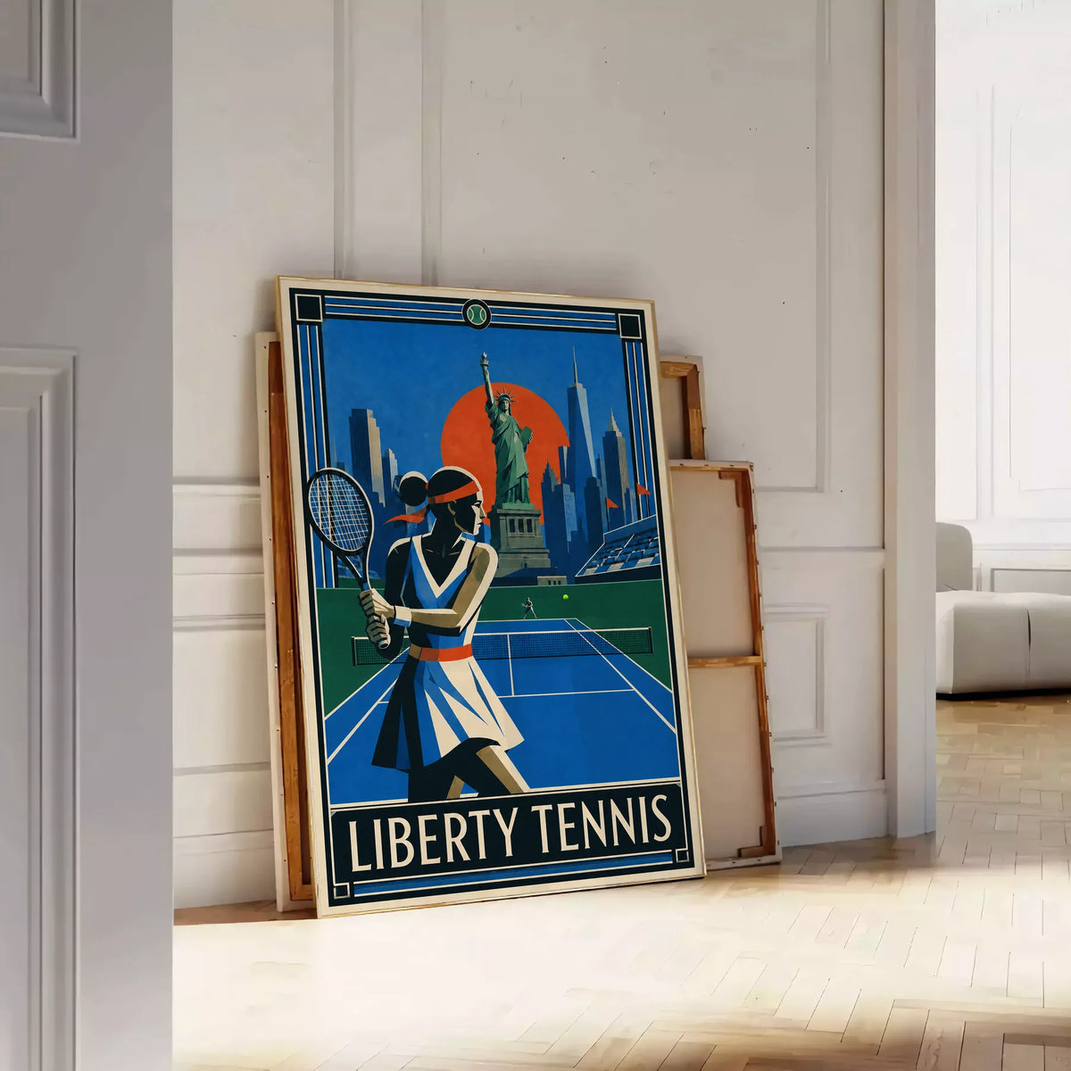 Affiche New York Tennis Liberty Femme revers à deux mains, affiche Art déco de tennis new-yorkaise