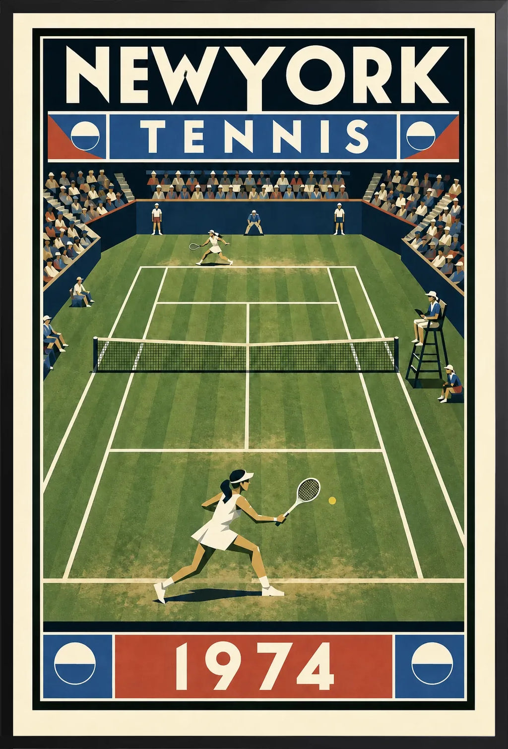 Affiche New York Tennis New York Tennis 1974 Femme gazon volée Court, affiche Art déco de tennis new-yorkaise