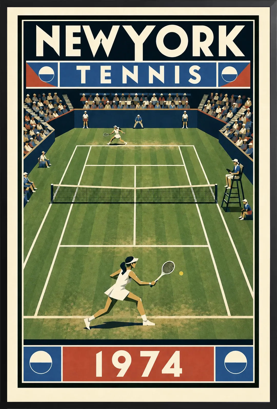 Affiche New York Tennis New York Tennis 1974 Femme gazon volée Court, affiche Art déco de tennis new-yorkaise