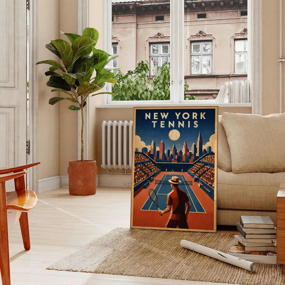 Affiche New York Tennis Homme Twilight Baseline 2, affiche Art déco de tennis new-yorkaise