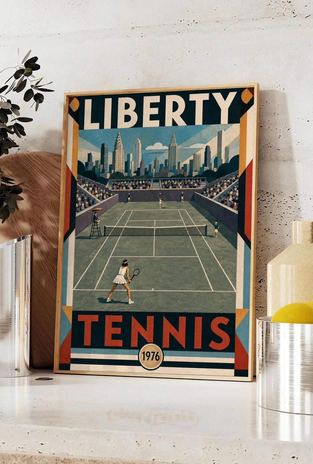 Affiche New York Tennis Liberty Tennis 1976 Femme Har-Tru Court View, affiche Art déco de tennis new-yorkaise