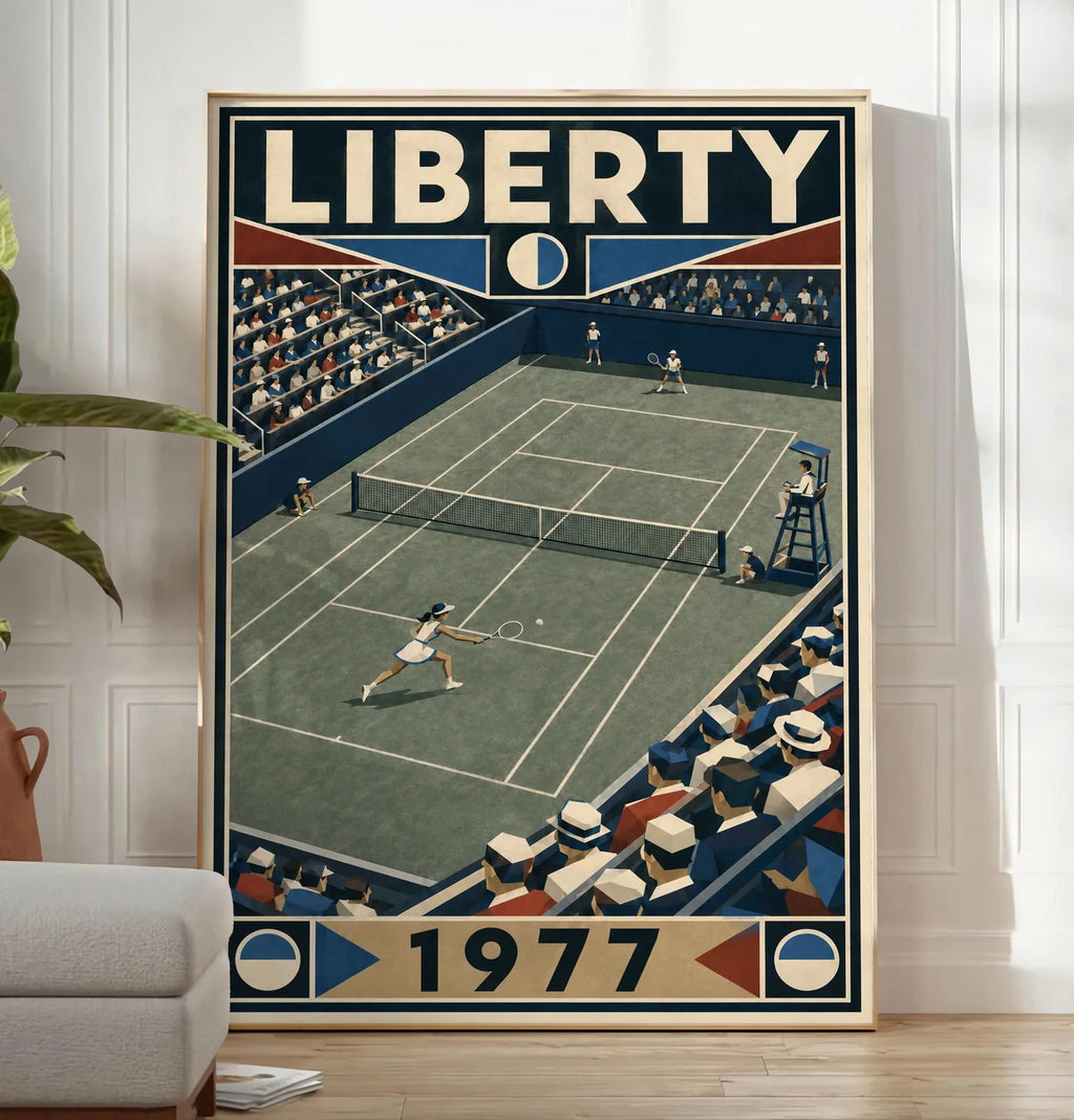 Affiche New York Tennis Liberty Tennis 1977 Femme Har-Tru dernière année, affiche Art déco de tennis new-yorkaise