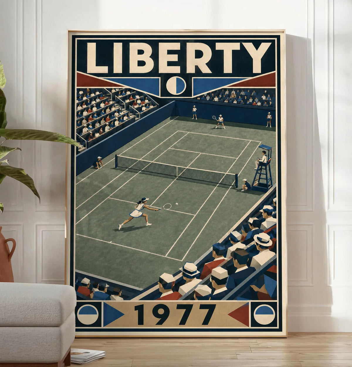 Affiche New York Tennis Liberty Tennis 1977 Femme Har-Tru dernière année, affiche Art déco de tennis new-yorkaise