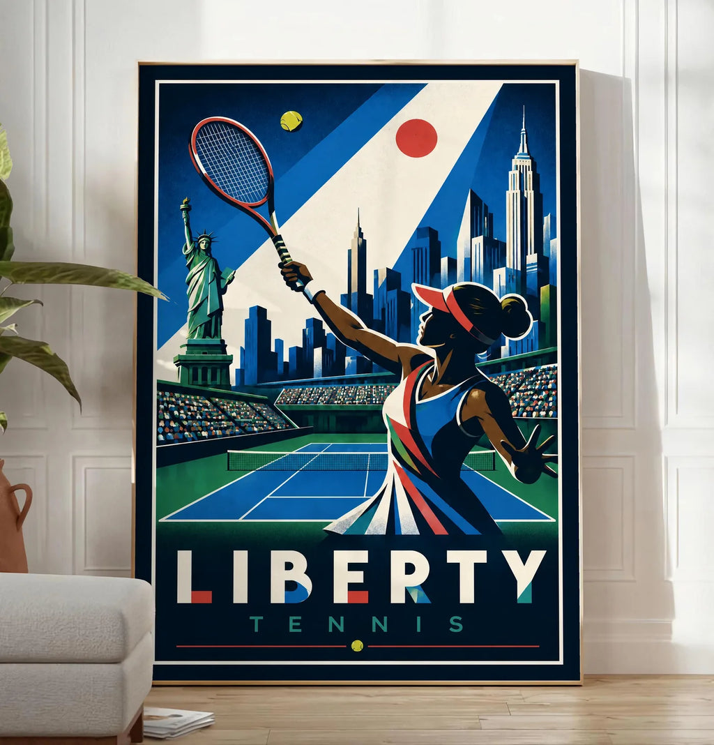 Affiche New York Tennis New York Tennis Femme volée haute, affiche Art déco de tennis new-yorkaise