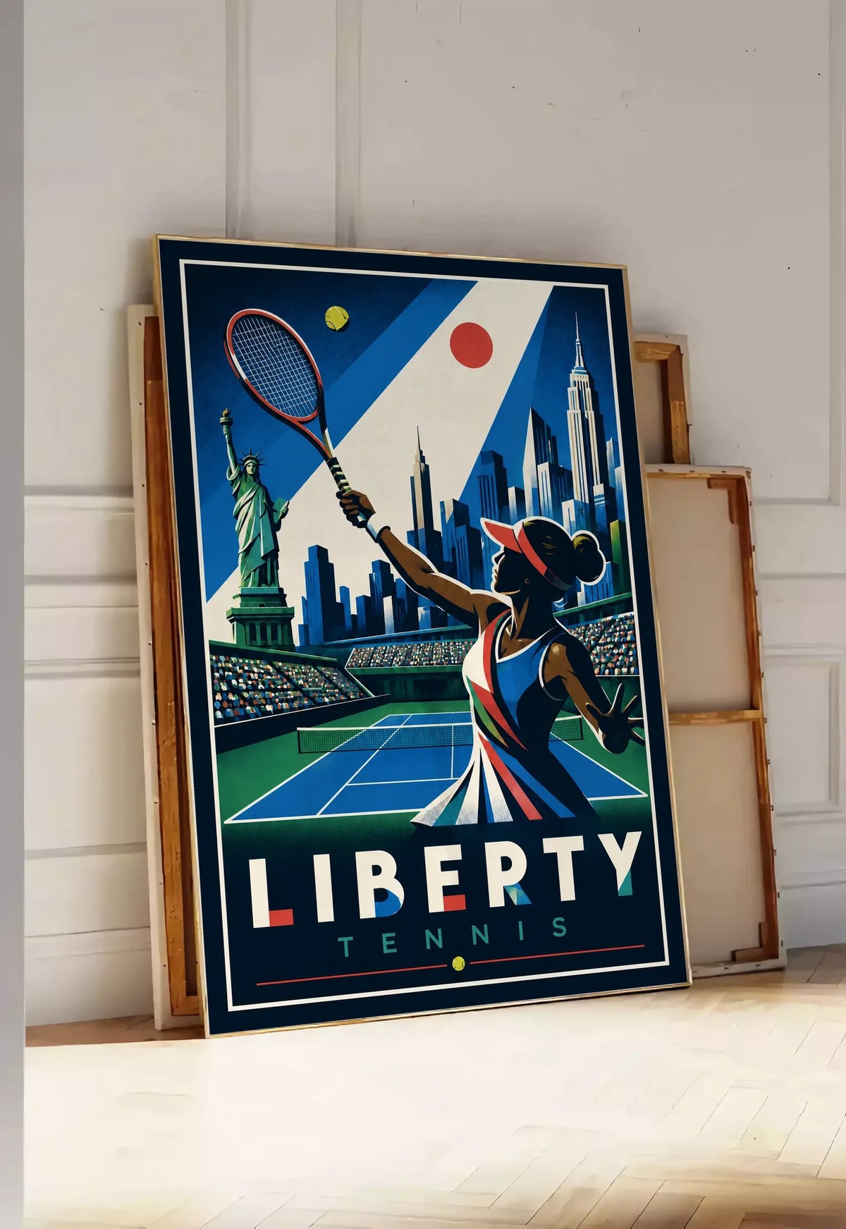 Affiche New York Tennis New York Tennis Femme volée haute, affiche Art déco de tennis new-yorkaise