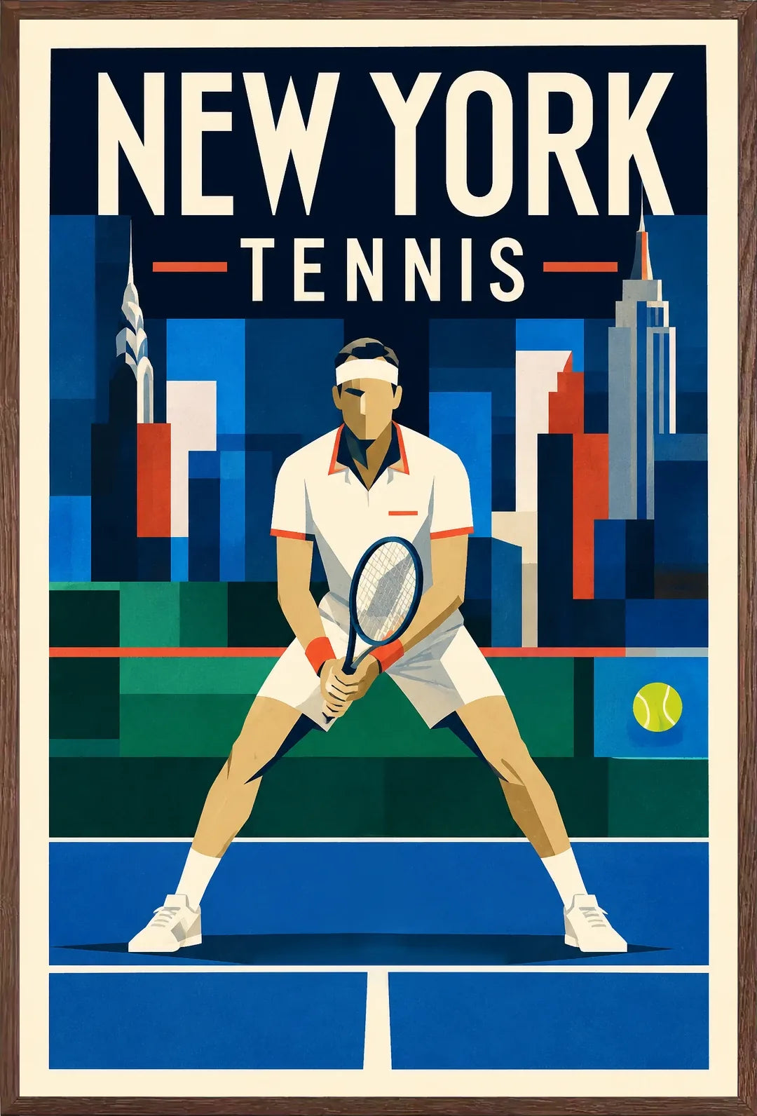 Affiche New York Tennis Ny Male Split Step prêt, affiche Art déco de tennis new-yorkaise