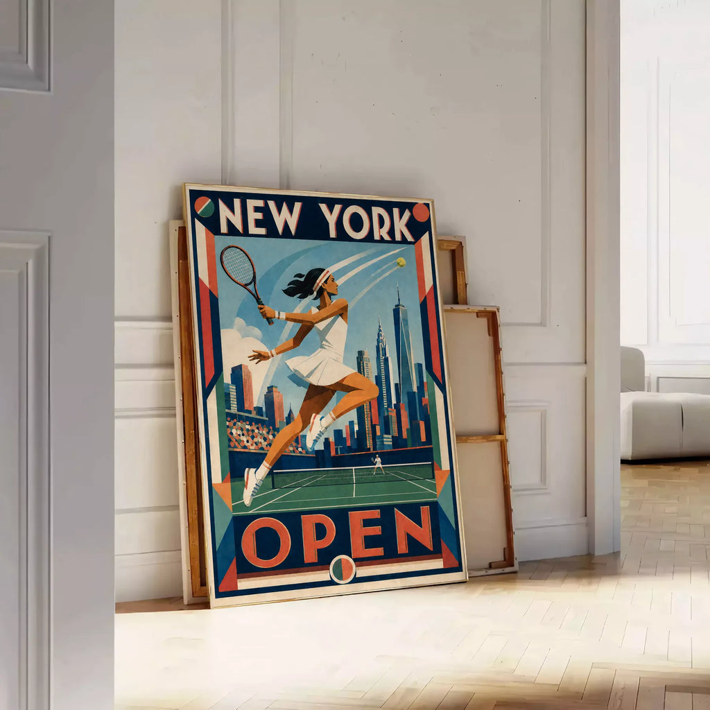 Affiche New York Tennis Open Female Leaping One Hand revers, affiche Art déco de tennis new-yorkaise