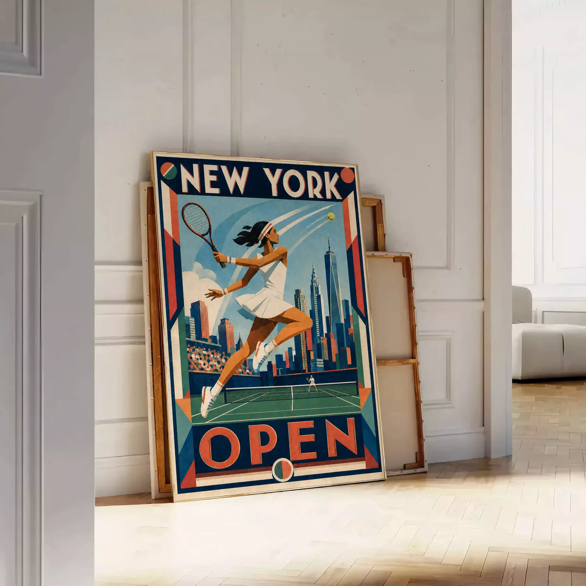 Affiche New York Tennis Open Female Leaping One Hand revers, affiche Art déco de tennis new-yorkaise