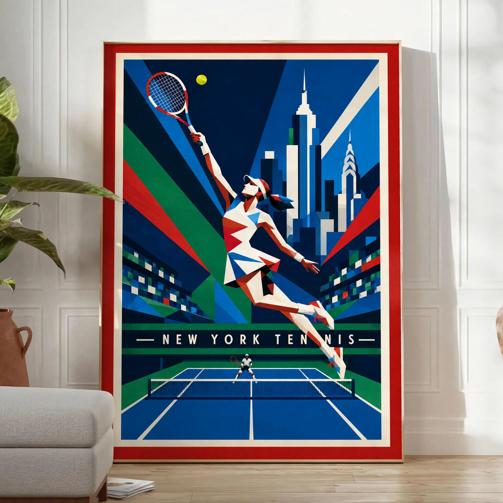 Affiche New York Tennis New York Tennis Femme action offensive, affiche Art déco de tennis new-yorkaise