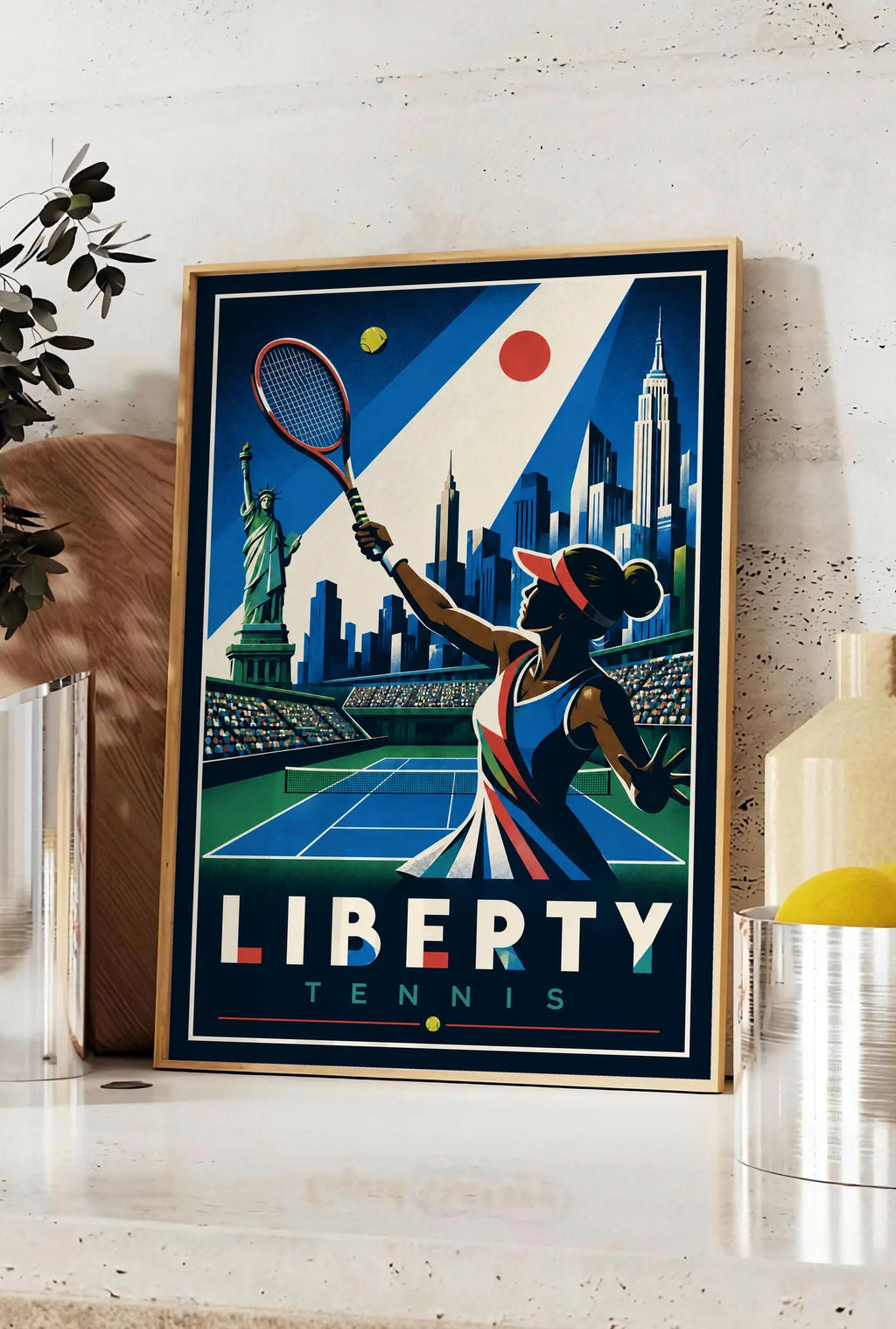 Affiche New York Tennis New York Tennis Femme volée haute, affiche Art déco de tennis new-yorkaise