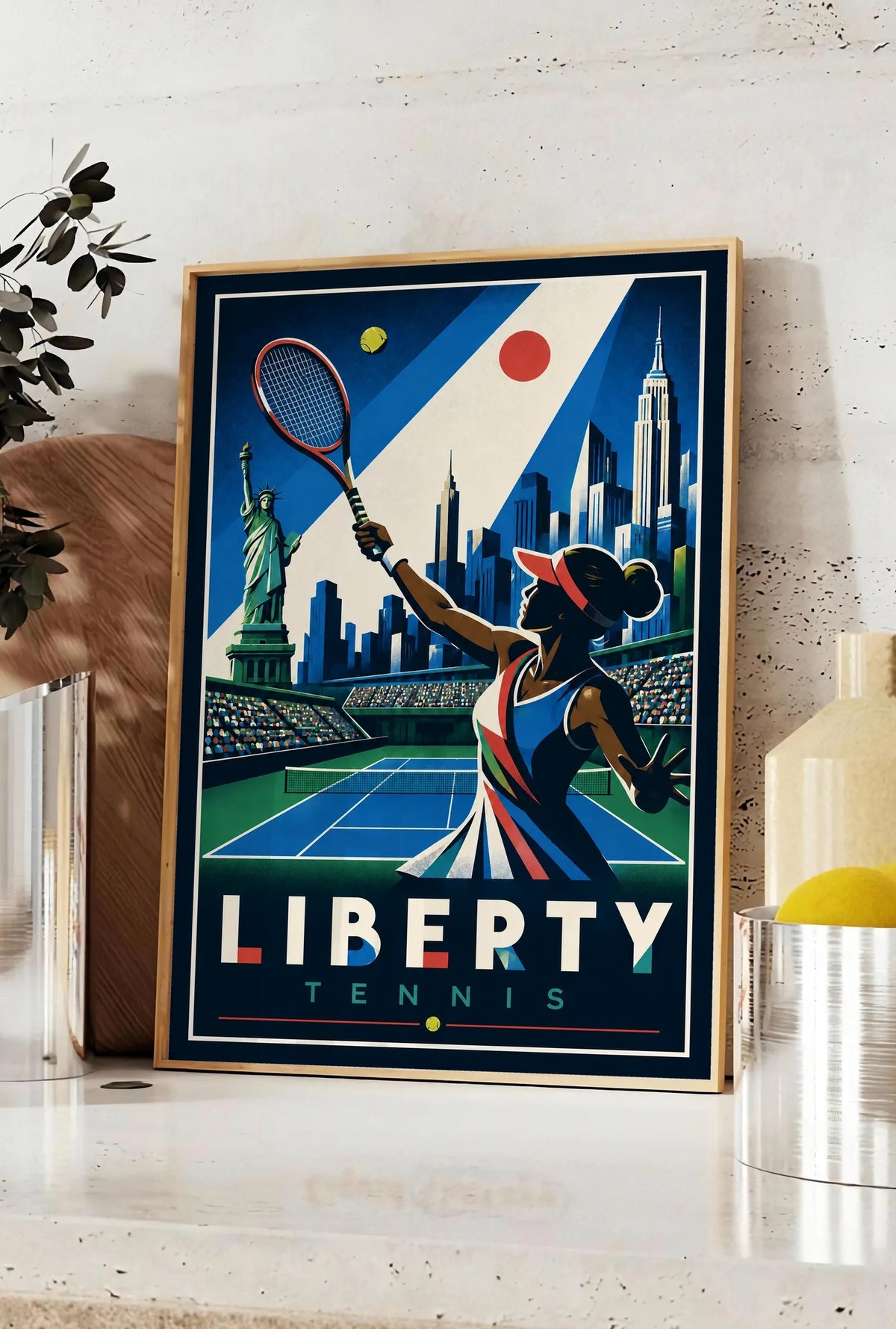 Affiche New York Tennis New York Tennis Femme volée haute, affiche Art déco de tennis new-yorkaise
