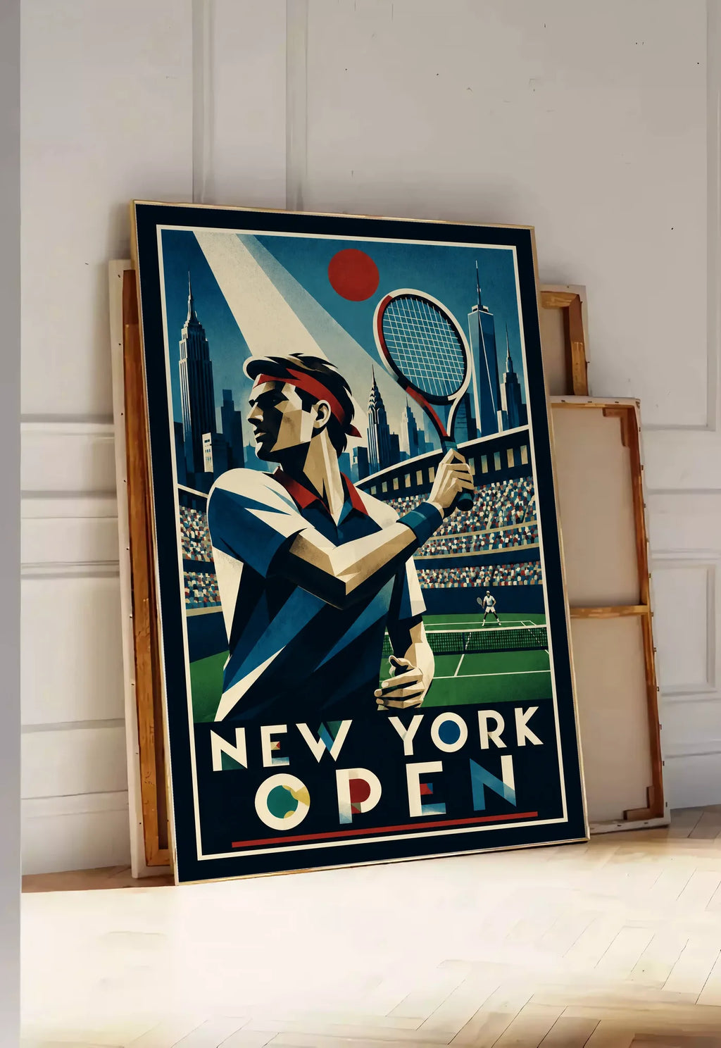 Affiche New York Tennis Open Male High Forehand Finish, affiche Art déco de tennis new-yorkaise