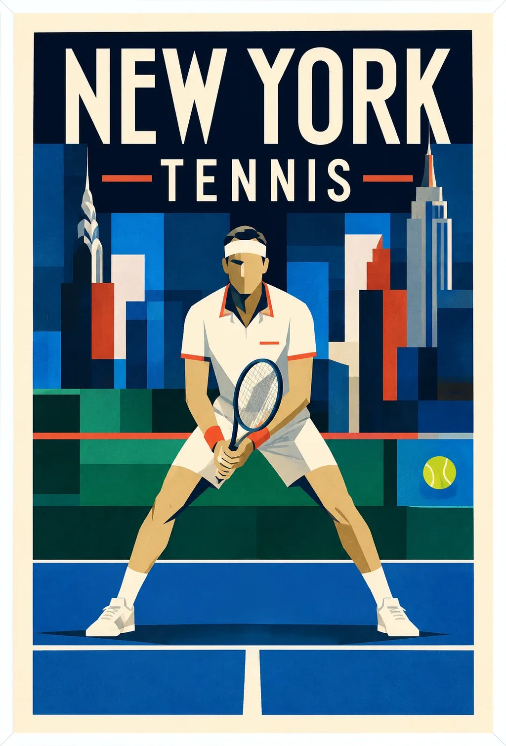 Affiche New York Tennis Ny Male Split Step prêt, affiche Art déco de tennis new-yorkaise