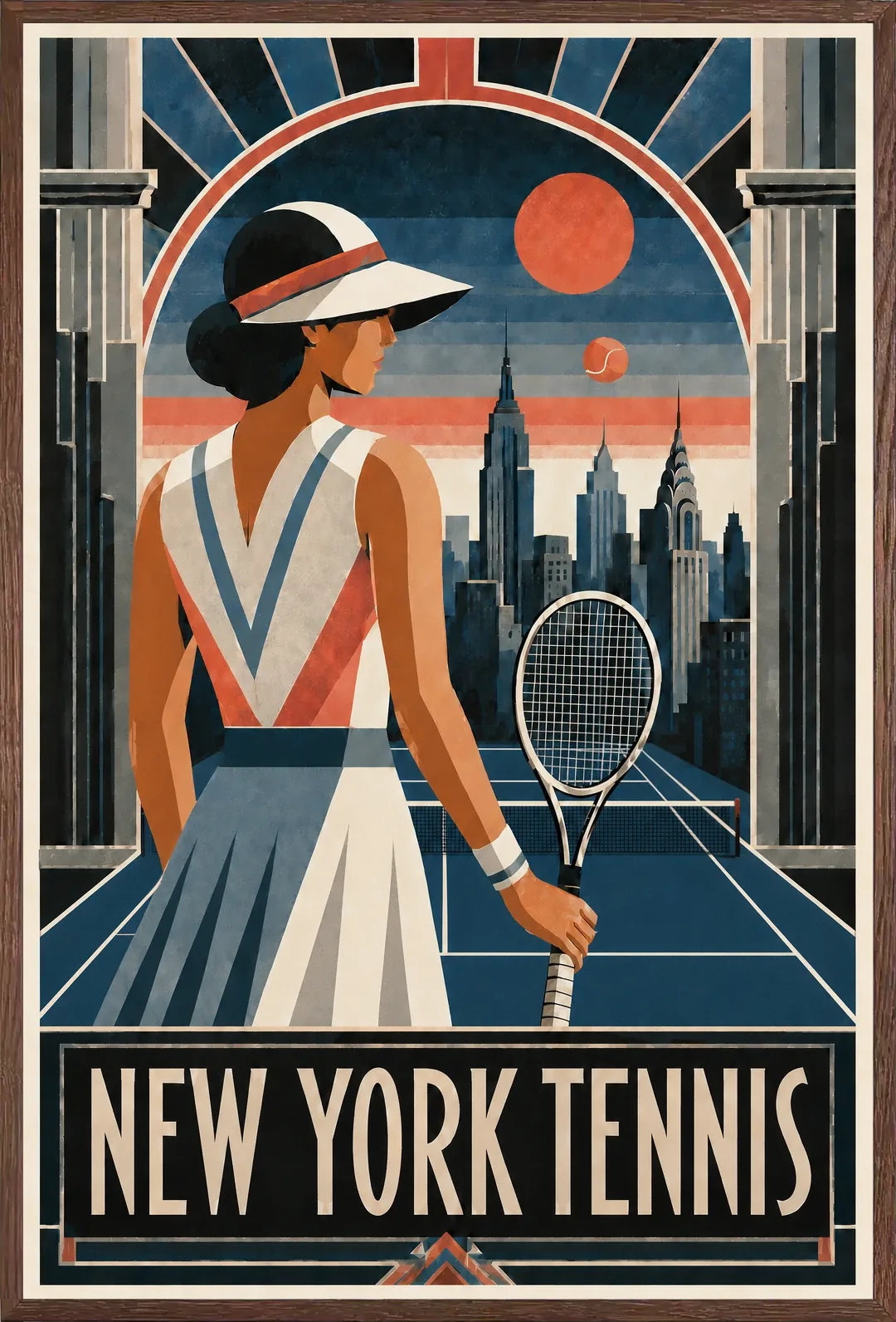Affiche New York Tennis Femme Art Deco portrait sur court 3, affiche Art déco de tennis new-yorkaise