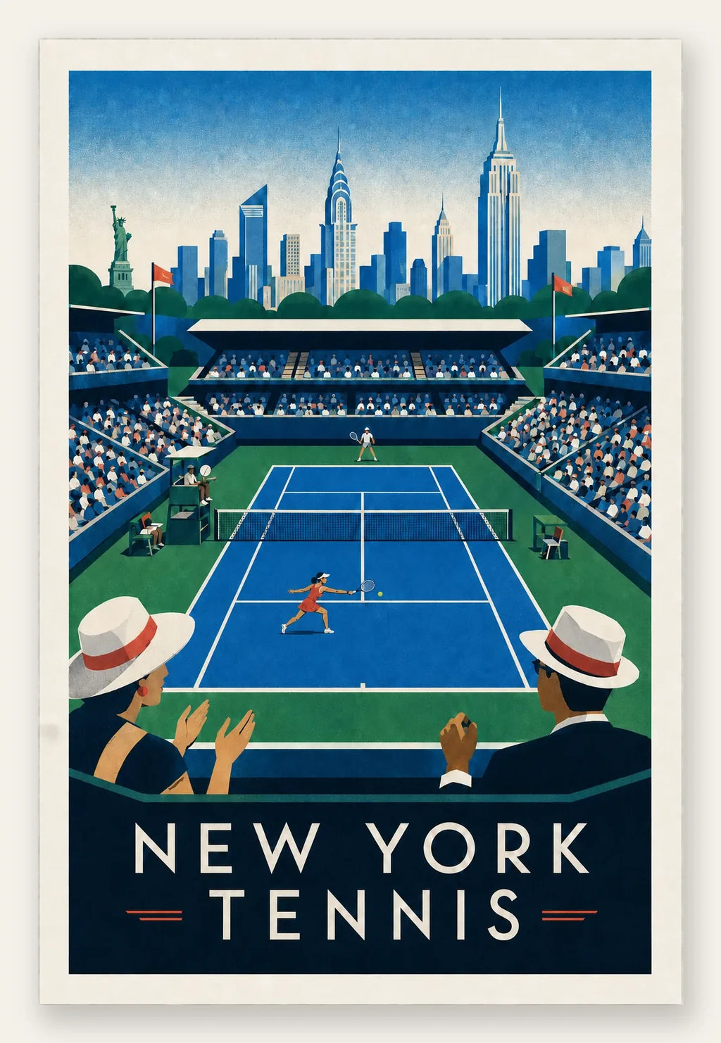 Affiche New York Tennis Stadium Femme Sprint volée, affiche Art déco de tennis new-yorkaise