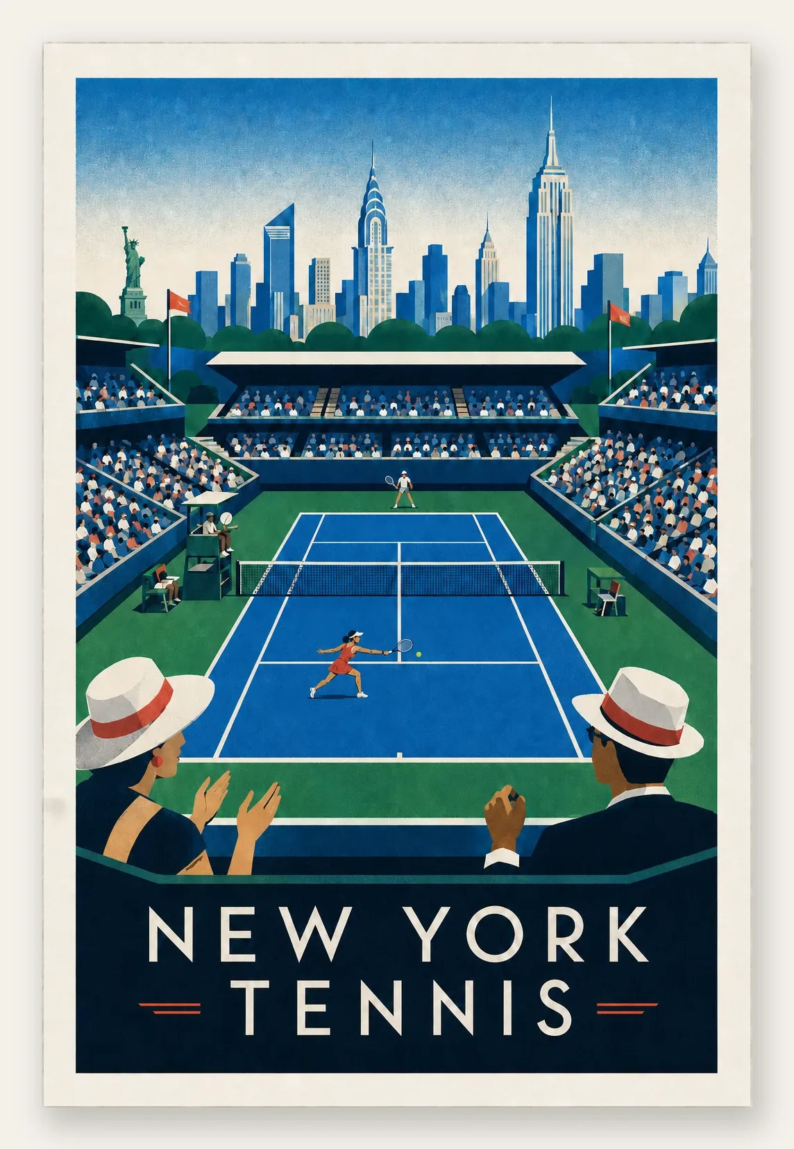Affiche New York Tennis Stadium Femme Sprint volée, affiche Art déco de tennis new-yorkaise