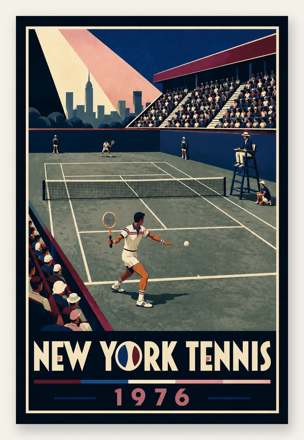 Affiche New York Tennis New York Tennis 1976 Har-Tru vue latérale View, affiche Art déco de tennis new-yorkaise