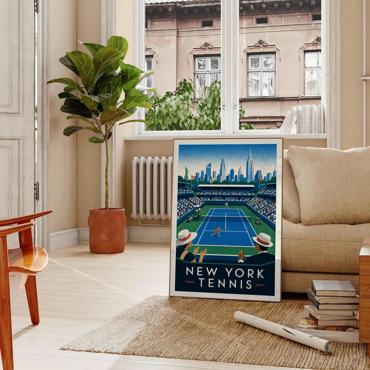 Affiche New York Tennis Stadium Femme Sprint volée, affiche Art déco de tennis new-yorkaise