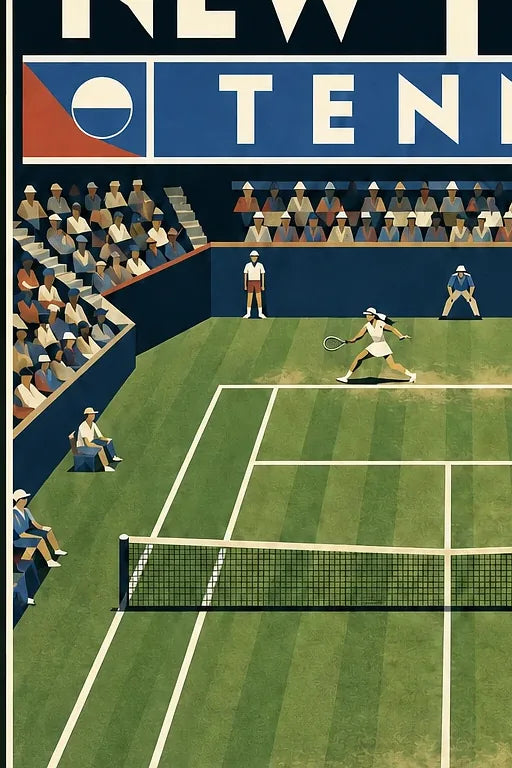 Affiche New York Tennis New York Tennis 1974 Femme gazon volée Court, affiche Art déco de tennis new-yorkaise