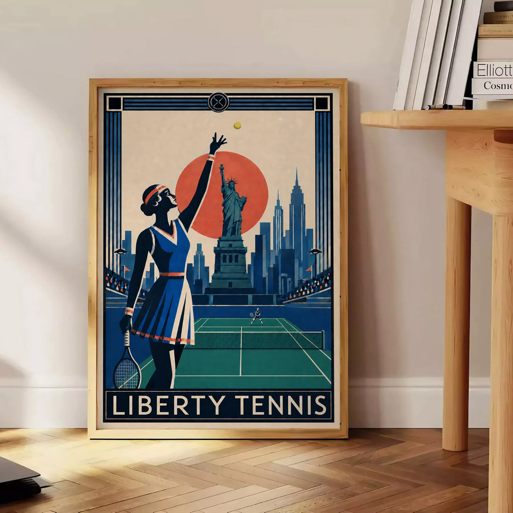 Affiche New York Tennis Liberty Tennis Femme service, affiche Art déco de tennis new-yorkaise