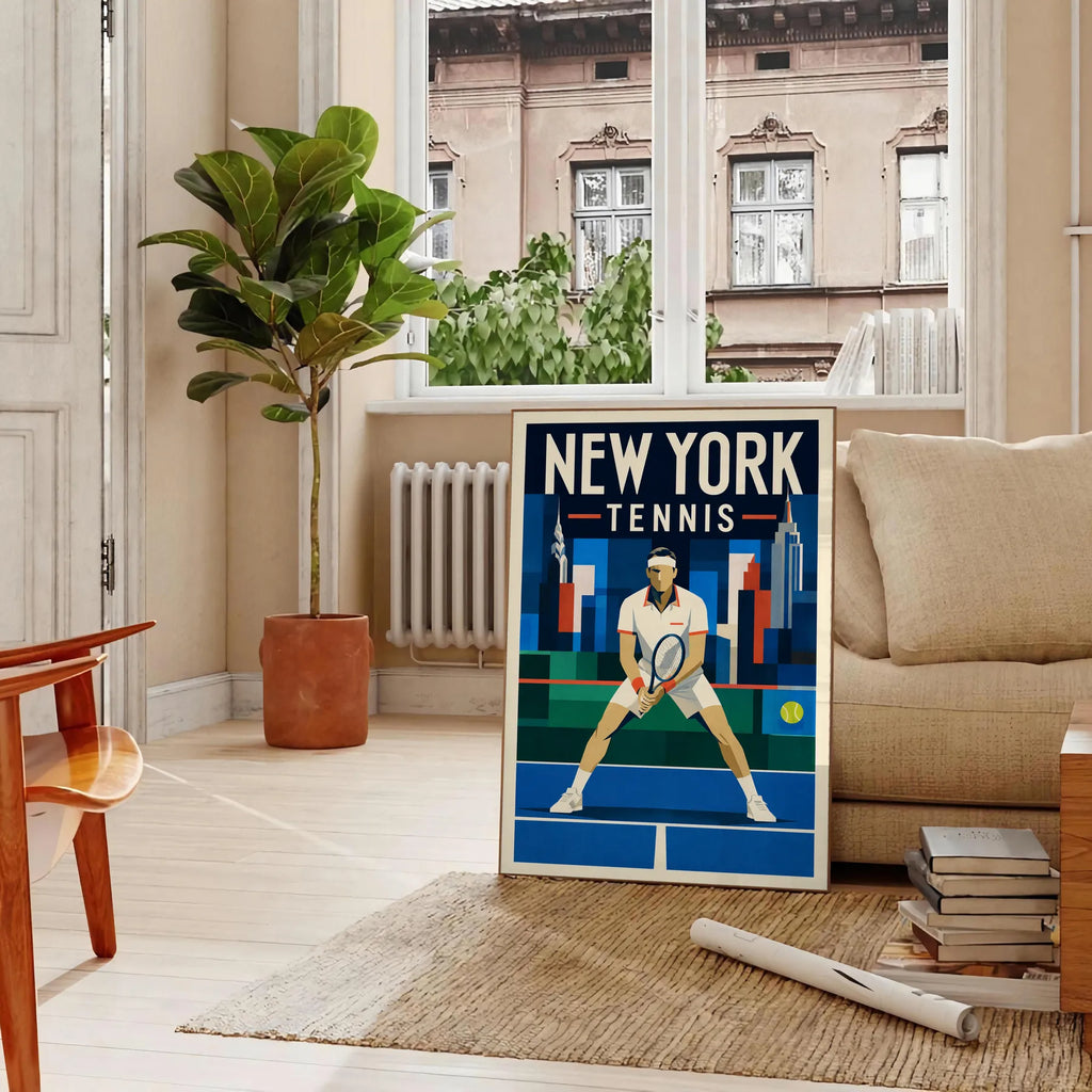 Affiche New York Tennis Ny Male Split Step prêt, affiche Art déco de tennis new-yorkaise