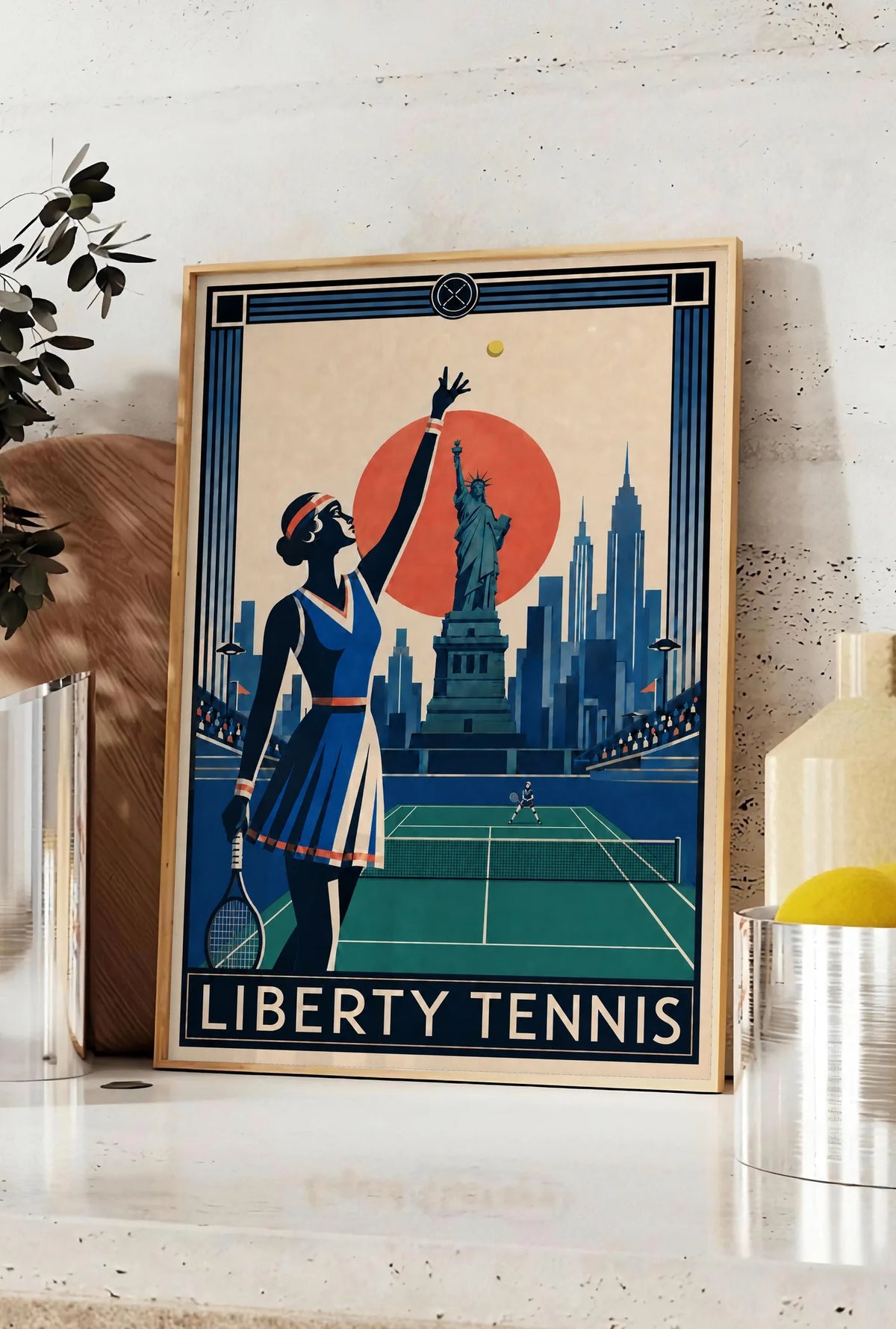 Affiche New York Tennis Liberty Tennis Femme service, affiche Art déco de tennis new-yorkaise