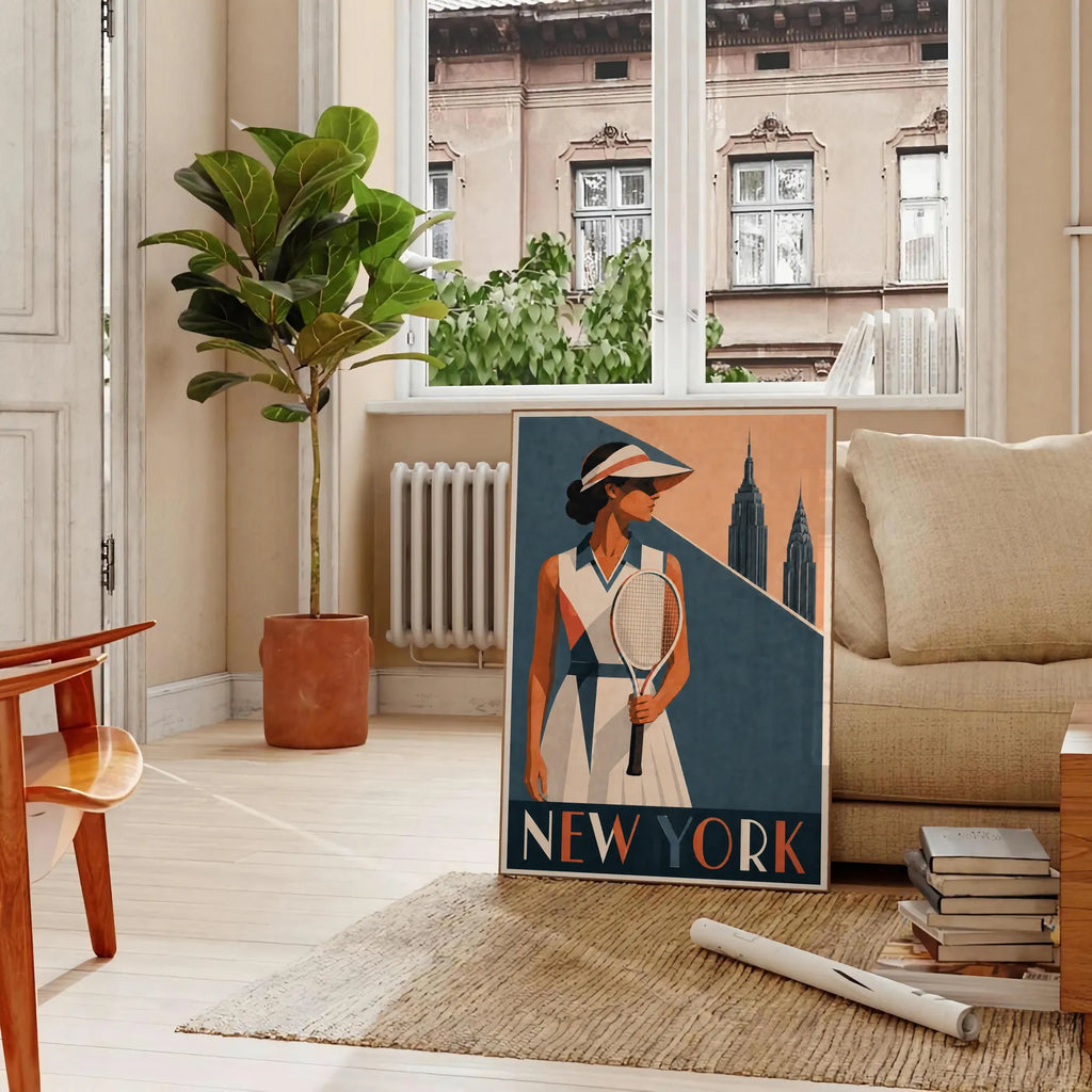 Affiche New York Tennis Femme Coral profil, affiche Art déco de tennis new-yorkaise