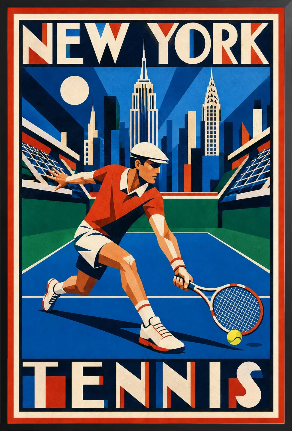 Affiche New York Tennis New York Tennis Homme slice bas, affiche Art déco de tennis new-yorkaise