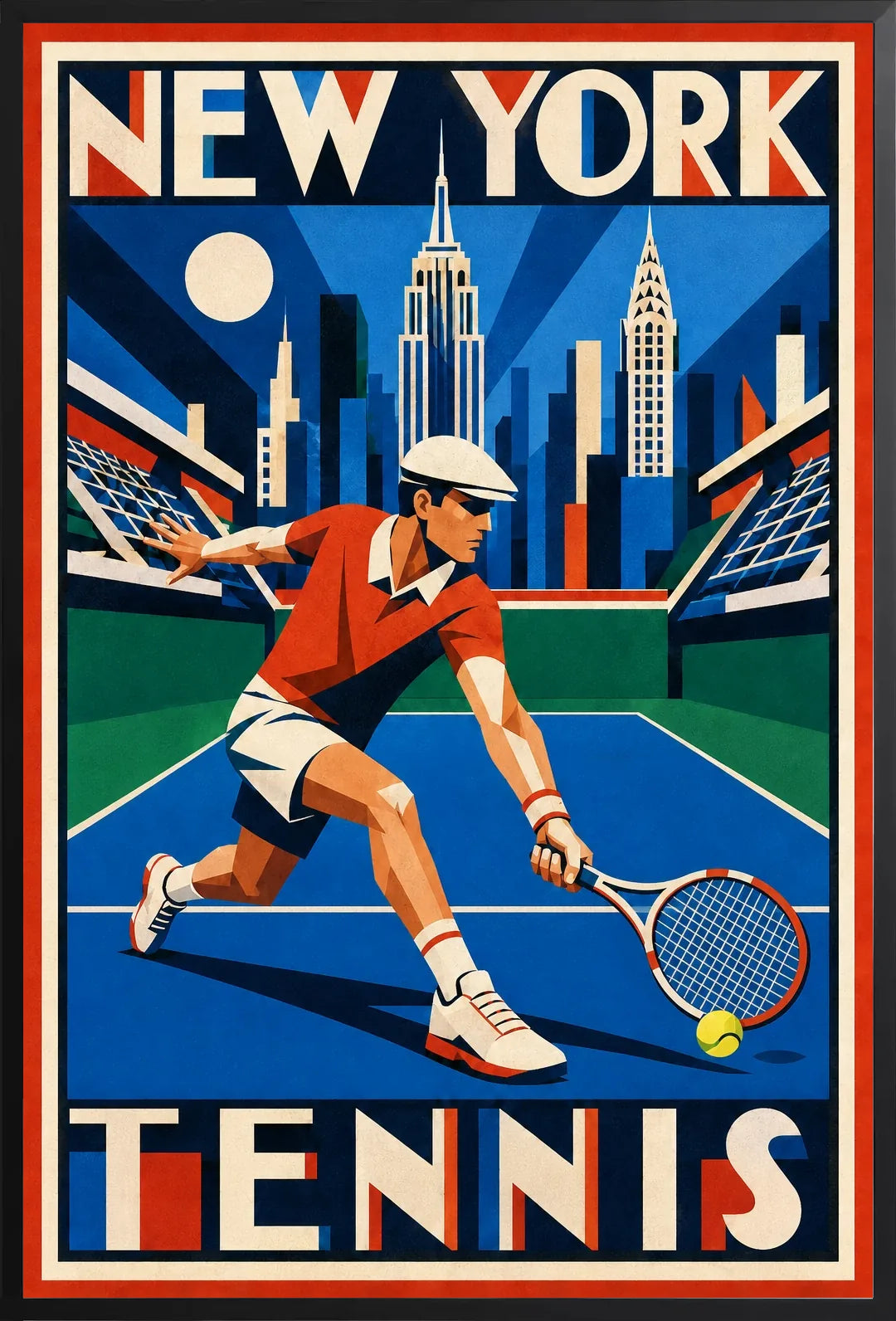 Affiche New York Tennis New York Tennis Homme slice bas, affiche Art déco de tennis new-yorkaise