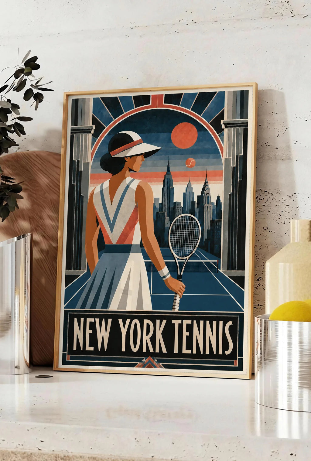 Affiche New York Tennis Femme Art Deco portrait sur court 3, affiche Art déco de tennis new-yorkaise