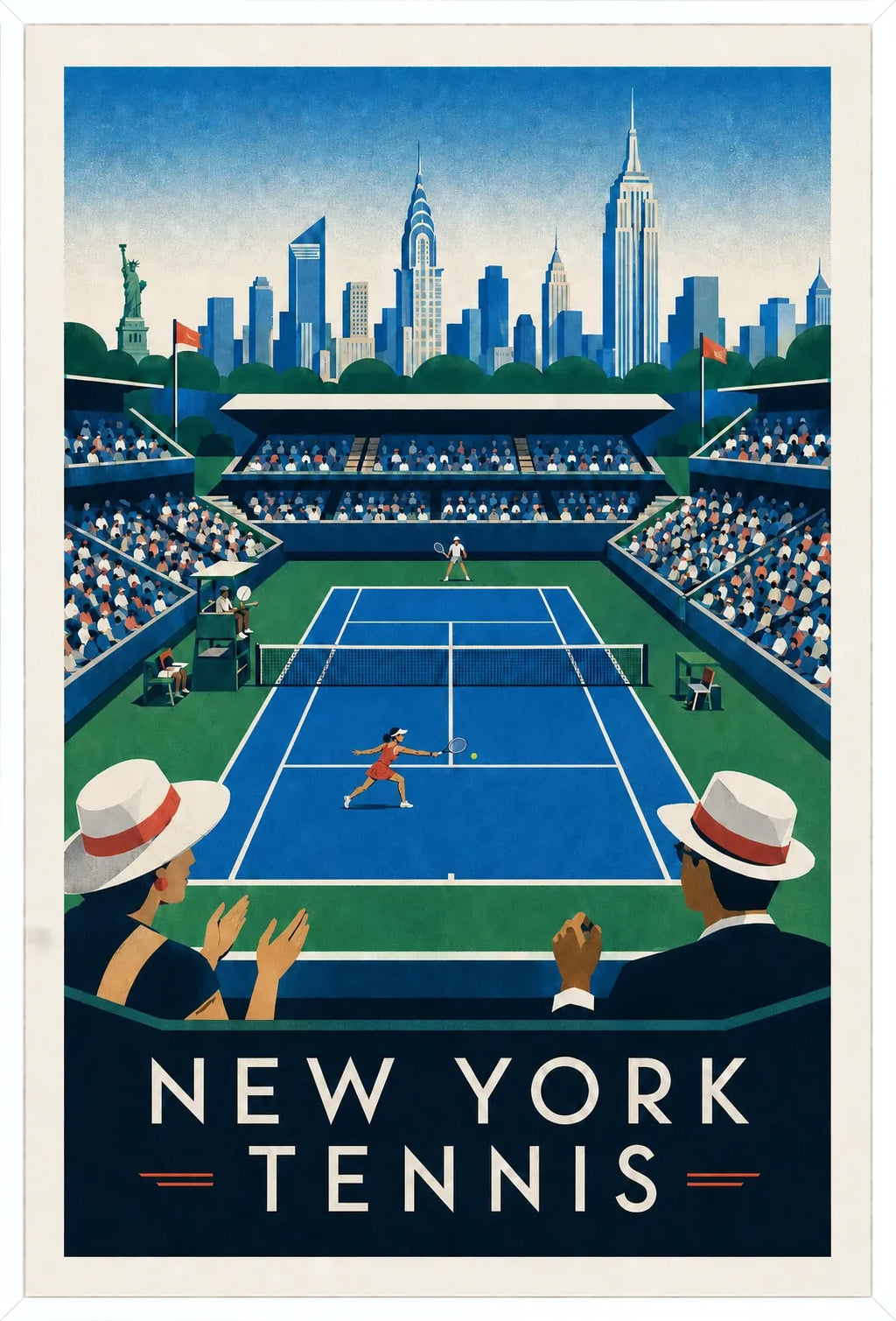 Affiche New York Tennis Stadium Femme Sprint volée, affiche Art déco de tennis new-yorkaise