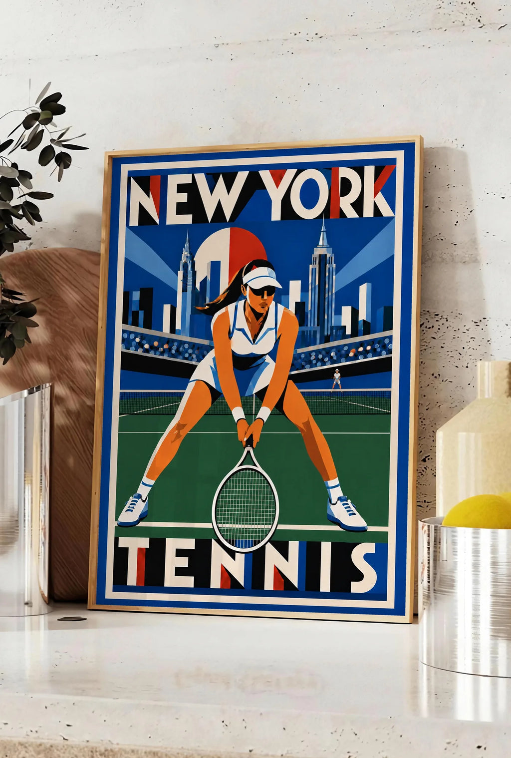 Affiche New York Tennis New York Tennis Femme Crouched revers, affiche Art déco de tennis new-yorkaise