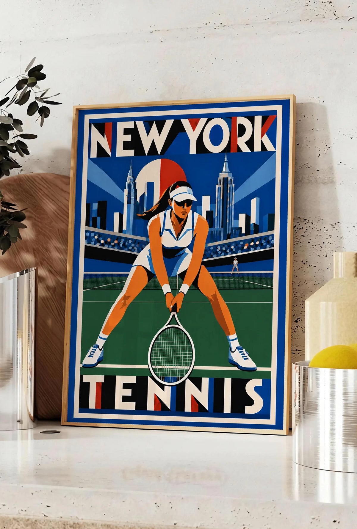 Affiche New York Tennis New York Tennis Femme Crouched revers, affiche Art déco de tennis new-yorkaise
