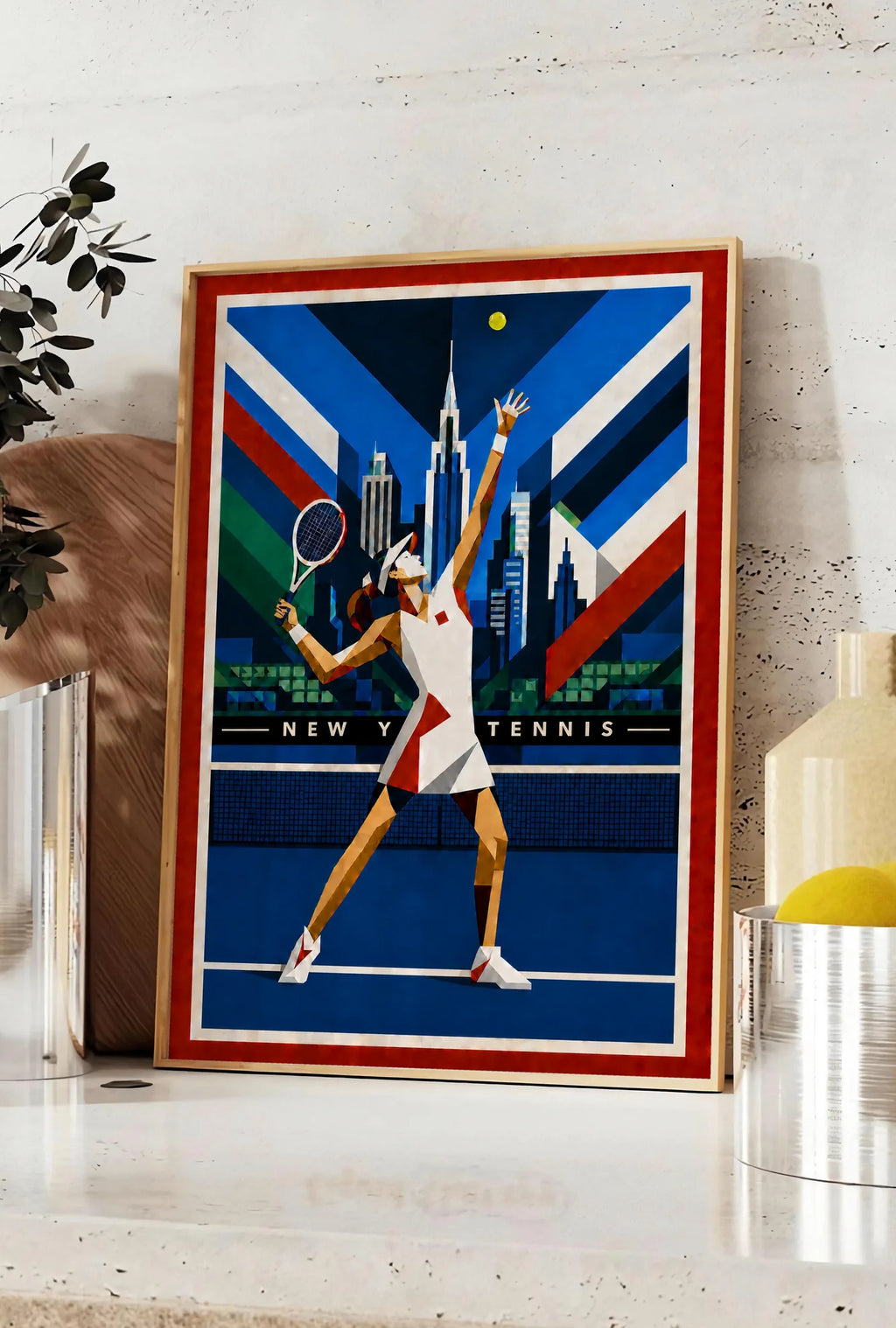 Affiche New York Tennis Geometric Femme service vers le trophée, affiche Art déco de tennis new-yorkaise