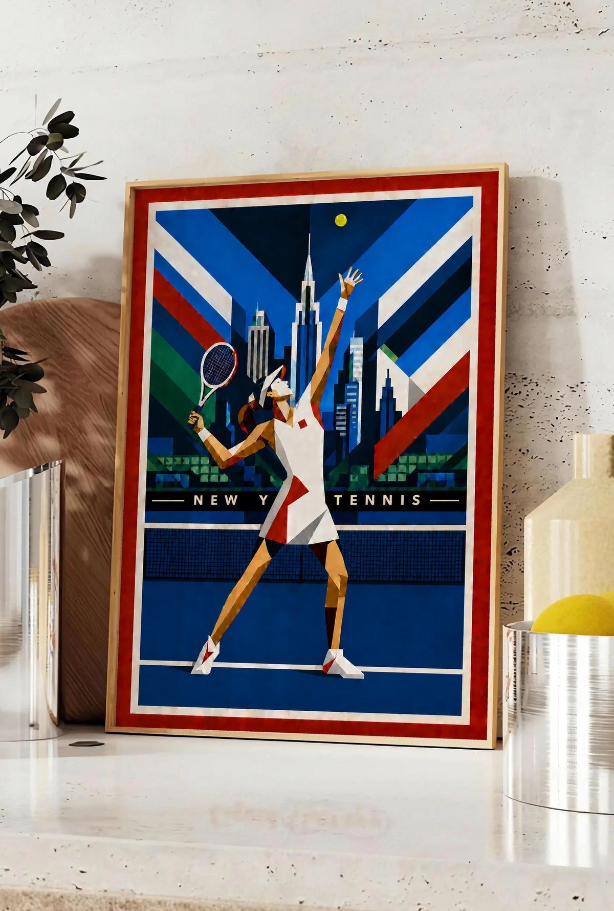 Affiche New York Tennis Geometric Femme service vers le trophée, affiche Art déco de tennis new-yorkaise