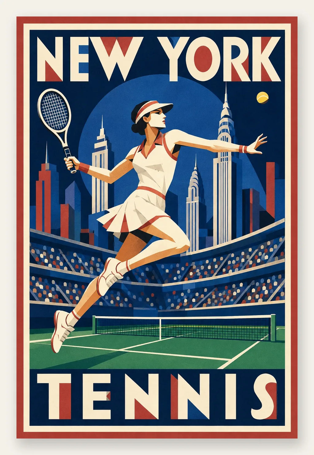 Affiche New York Tennis Tennis Female action offensive, affiche Art déco de tennis new-yorkaise