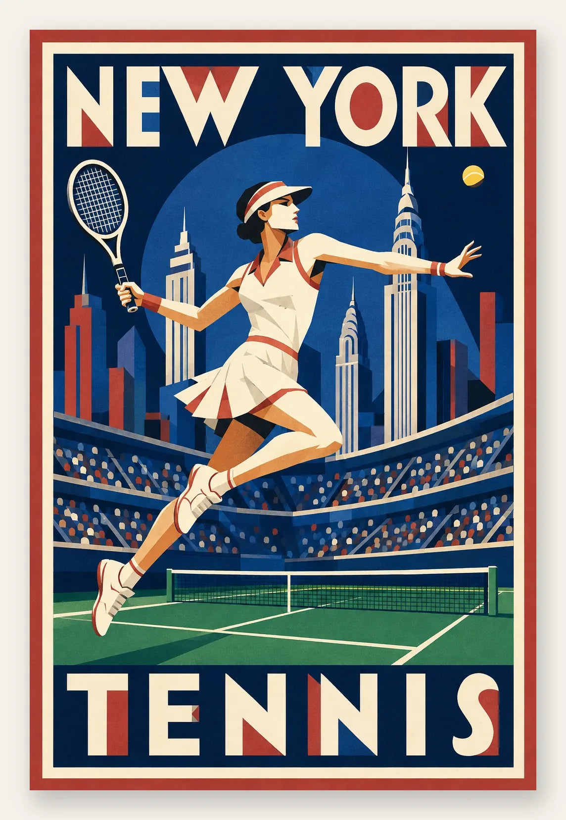 Affiche New York Tennis Tennis Female action offensive, affiche Art déco de tennis new-yorkaise
