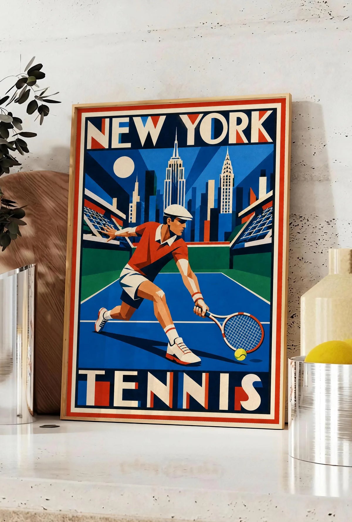 Affiche New York Tennis New York Tennis Homme slice bas, affiche Art déco de tennis new-yorkaise