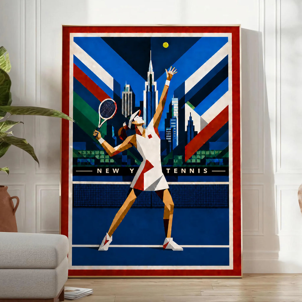 Affiche New York Tennis Geometric Femme service vers le trophée, affiche Art déco de tennis new-yorkaise