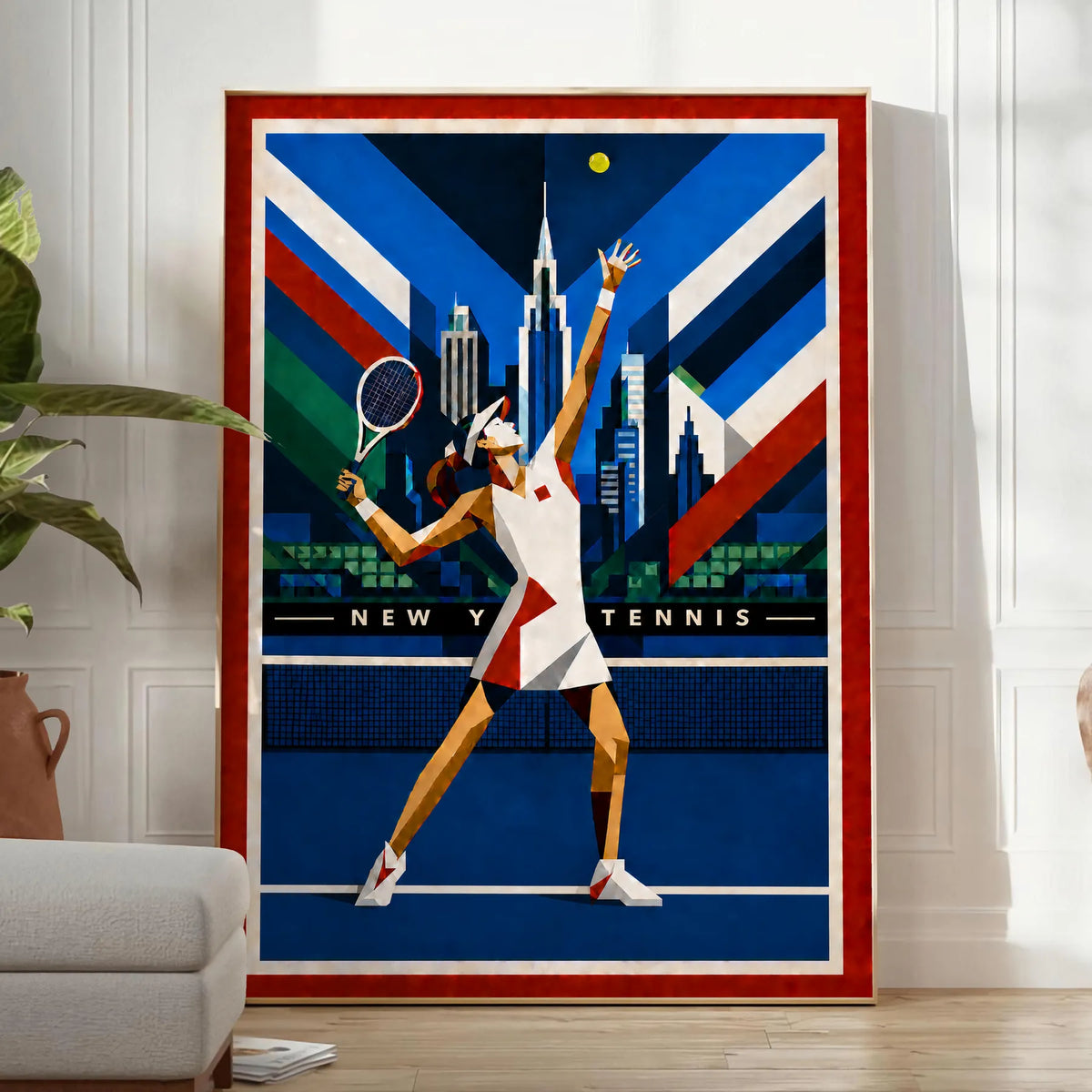 Affiche New York Tennis Geometric Femme service vers le trophée, affiche Art déco de tennis new-yorkaise