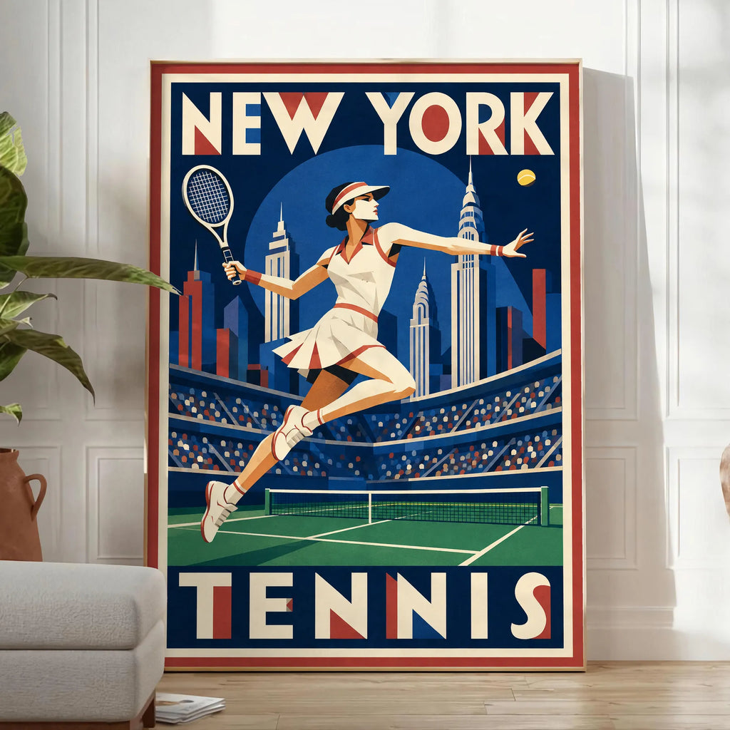Affiche New York Tennis Tennis Female action offensive, affiche Art déco de tennis new-yorkaise
