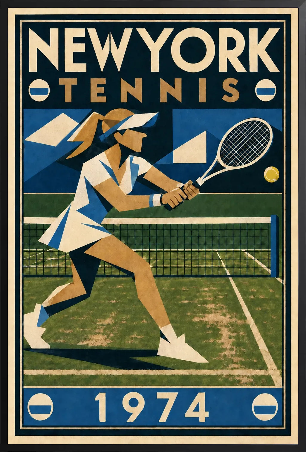 Affiche New York Tennis New York Tennis 1974 Femme gazon volée, affiche Art déco de tennis new-yorkaise