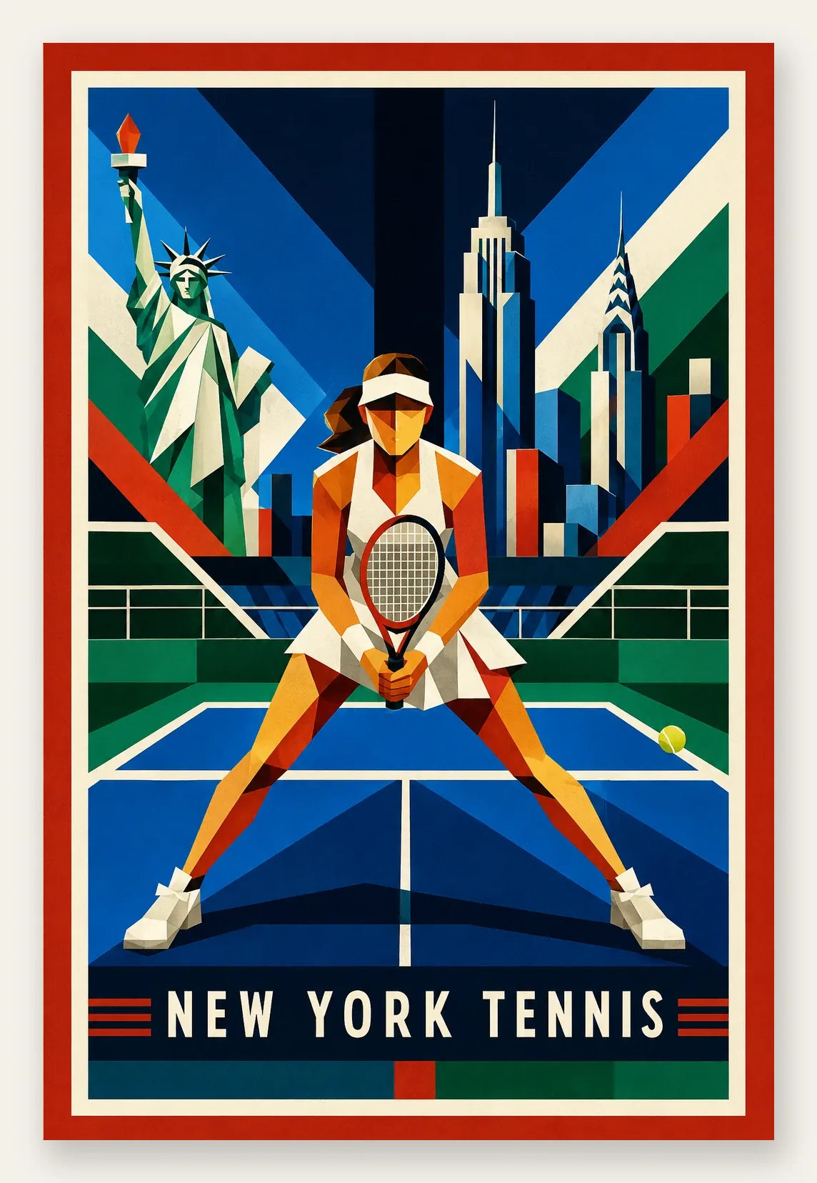 Affiche New York Tennis Geometric Femme Split Step prêt, affiche Art déco de tennis new-yorkaise