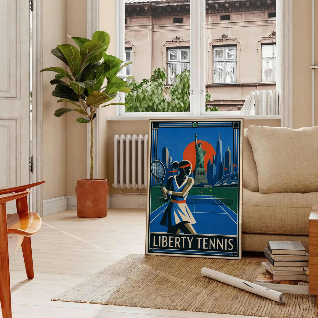 Affiche New York Tennis Liberty Femme revers à deux mains, affiche Art déco de tennis new-yorkaise