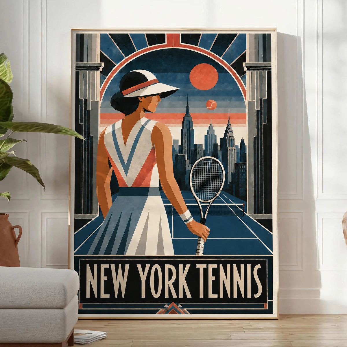 Affiche New York Tennis Femme Art Deco portrait sur court 3, affiche Art déco de tennis new-yorkaise
