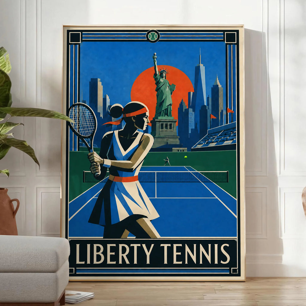 Affiche New York Tennis Liberty Femme revers à deux mains, affiche Art déco de tennis new-yorkaise