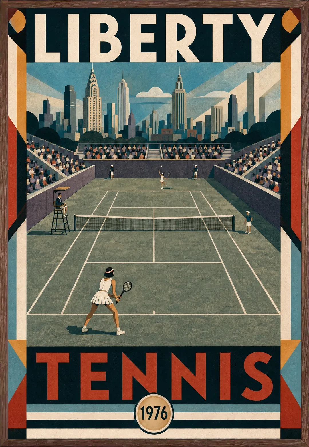 Affiche New York Tennis Liberty Tennis 1976 Femme Har-Tru Court View, affiche Art déco de tennis new-yorkaise