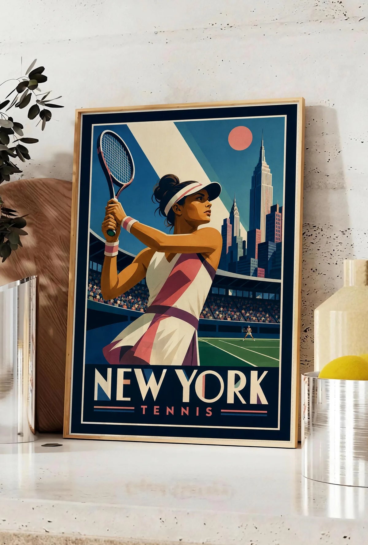 Affiche New York Tennis Tennis Female revers à deux mains Finish, affiche Art déco de tennis new-yorkaise