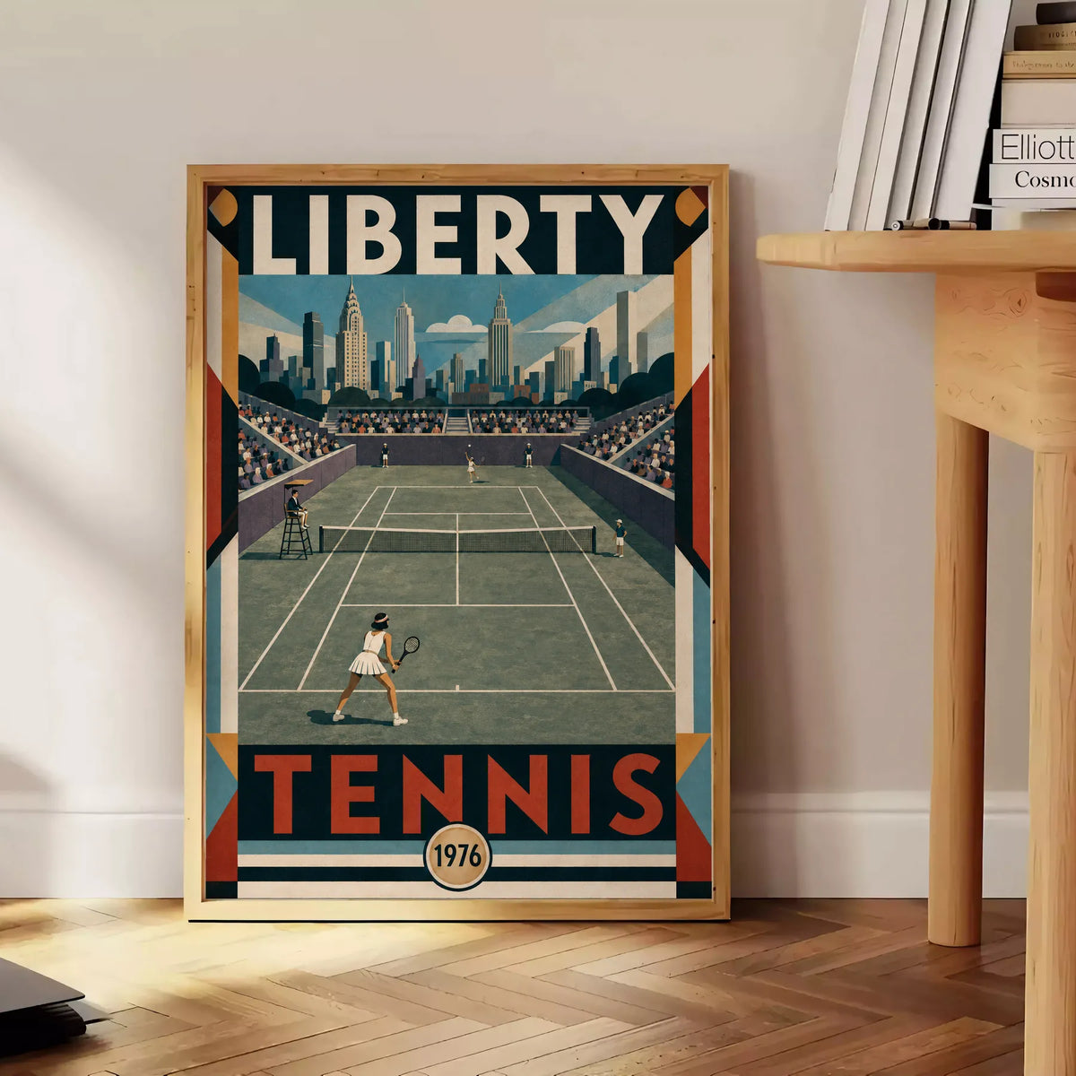 Affiche New York Tennis Liberty Tennis 1976 Femme Har-Tru Court View, affiche Art déco de tennis new-yorkaise