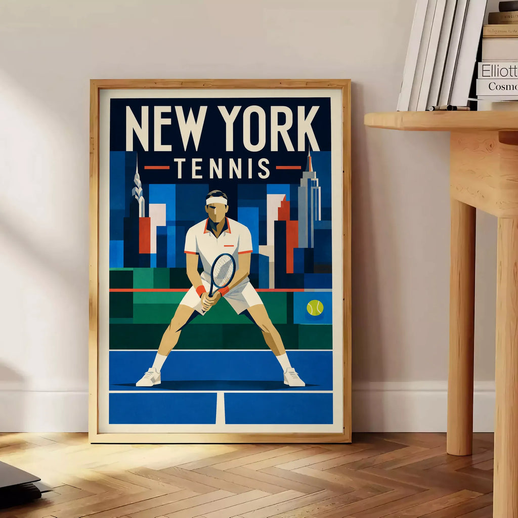 Affiche New York Tennis Ny Male Split Step prêt, affiche Art déco de tennis new-yorkaise